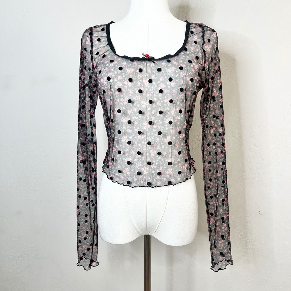 For Love & Lemons x VS Mesh Top Polka Dot Size Small Black Sheer Long Sleeve NEW